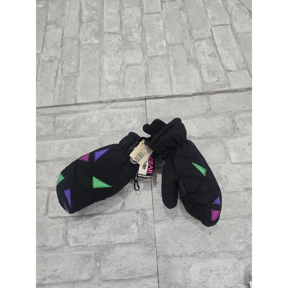 Girls Thinsulate 80s Neon Geometric Snow Mittens Black Waterproof NOS New